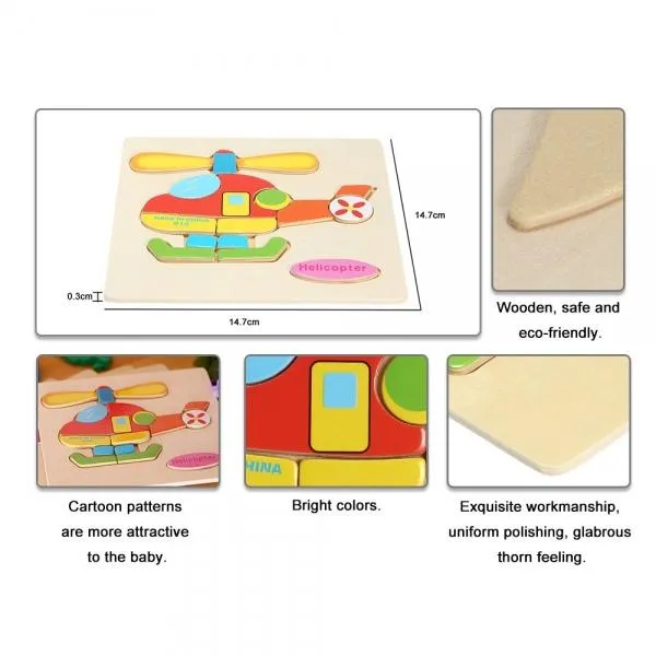 Helicopter Shaped Wooden Puzzle Block Cartoon Educational Toy Multicolor