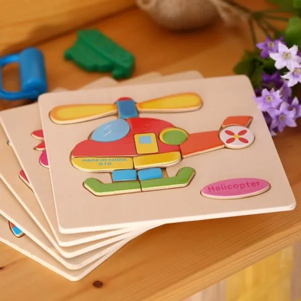 Helicopter Shaped Wooden Puzzle Block Cartoon Educational Toy Multicolor