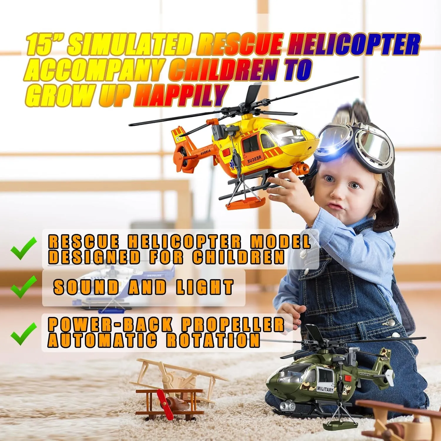 Helicopter Toy with Lights and Sound,Simulative Rescue Helicopter Vehicles Toys for Kids Aged 3 and Up,Pull-Back Propeller Army Toys Toddler Kids Boys Gifts (Police Helicopter)