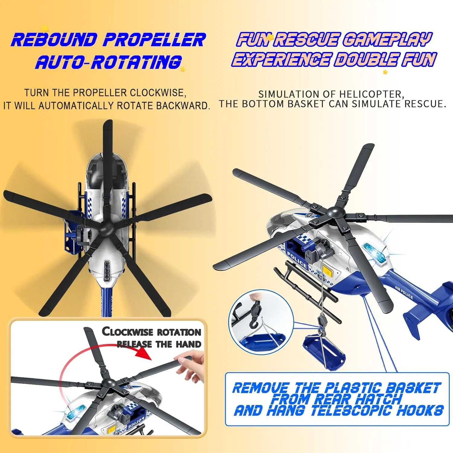 Helicopter Toy with Lights and Sound,Simulative Rescue Helicopter Vehicles Toys for Kids Aged 3 and Up,Pull-Back Propeller Army Toys Toddler Kids Boys Gifts (Police Helicopter)