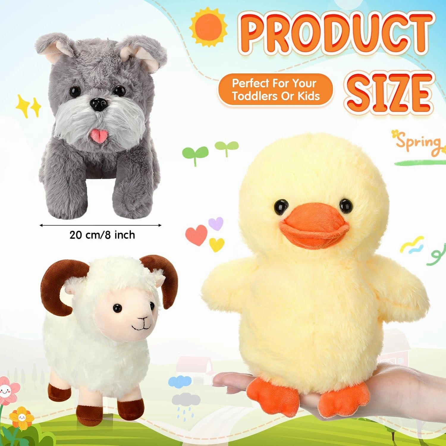 Hiboom 7 Pack Farm Stuffed Plush Animals Toys Set 8 Inch Barnyard Stuffed Animals Bulk Soft Pig Rooster Horse Duck Sheep Cow Dog Toy Gifts for Birthday Party Favor Supplies