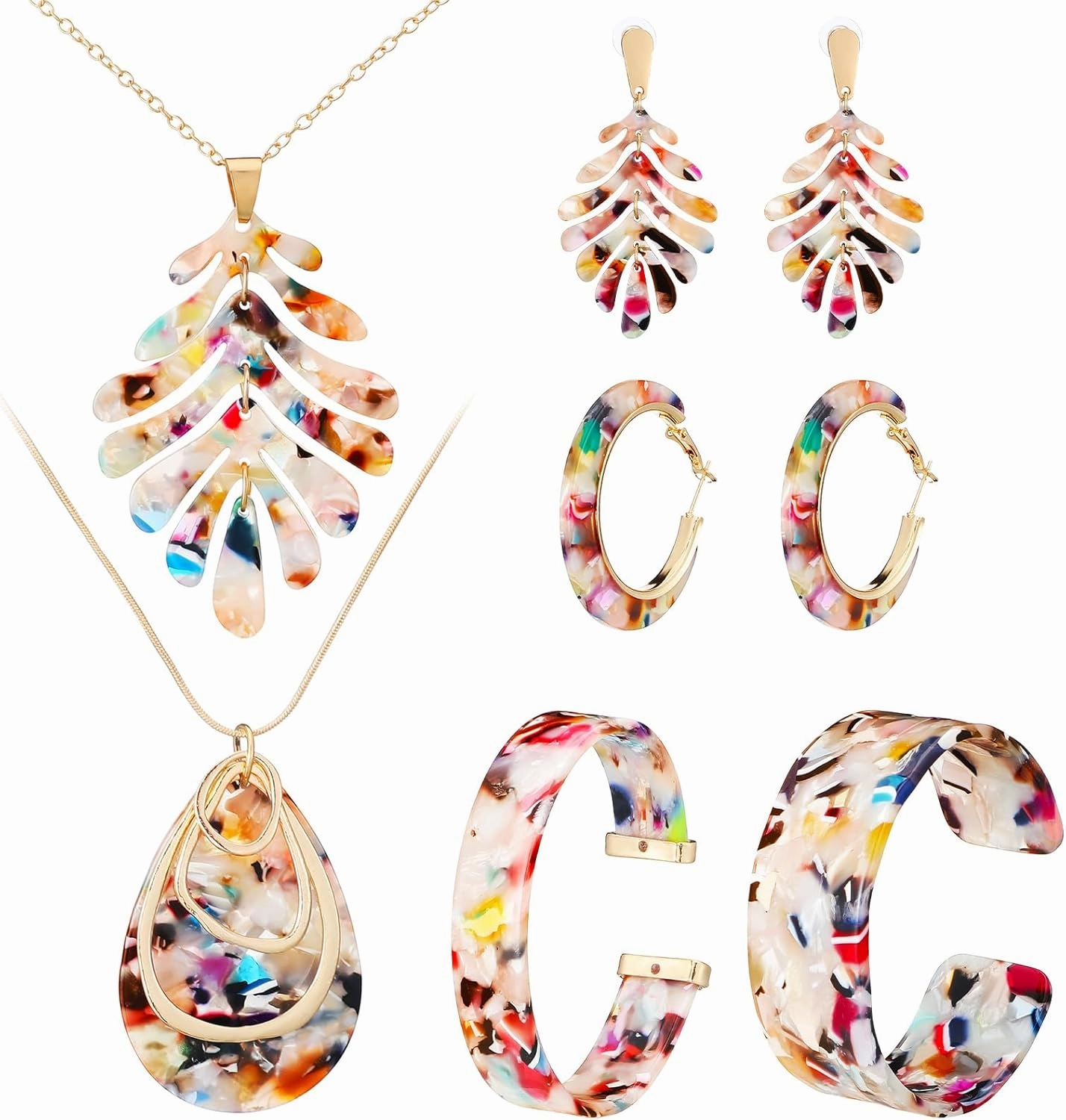 Highergo 8 Pcs Acrylic Jewelry Set Women Statement Earrings Necklace Bracelet Marble Texture Floral Necklace Set for Women