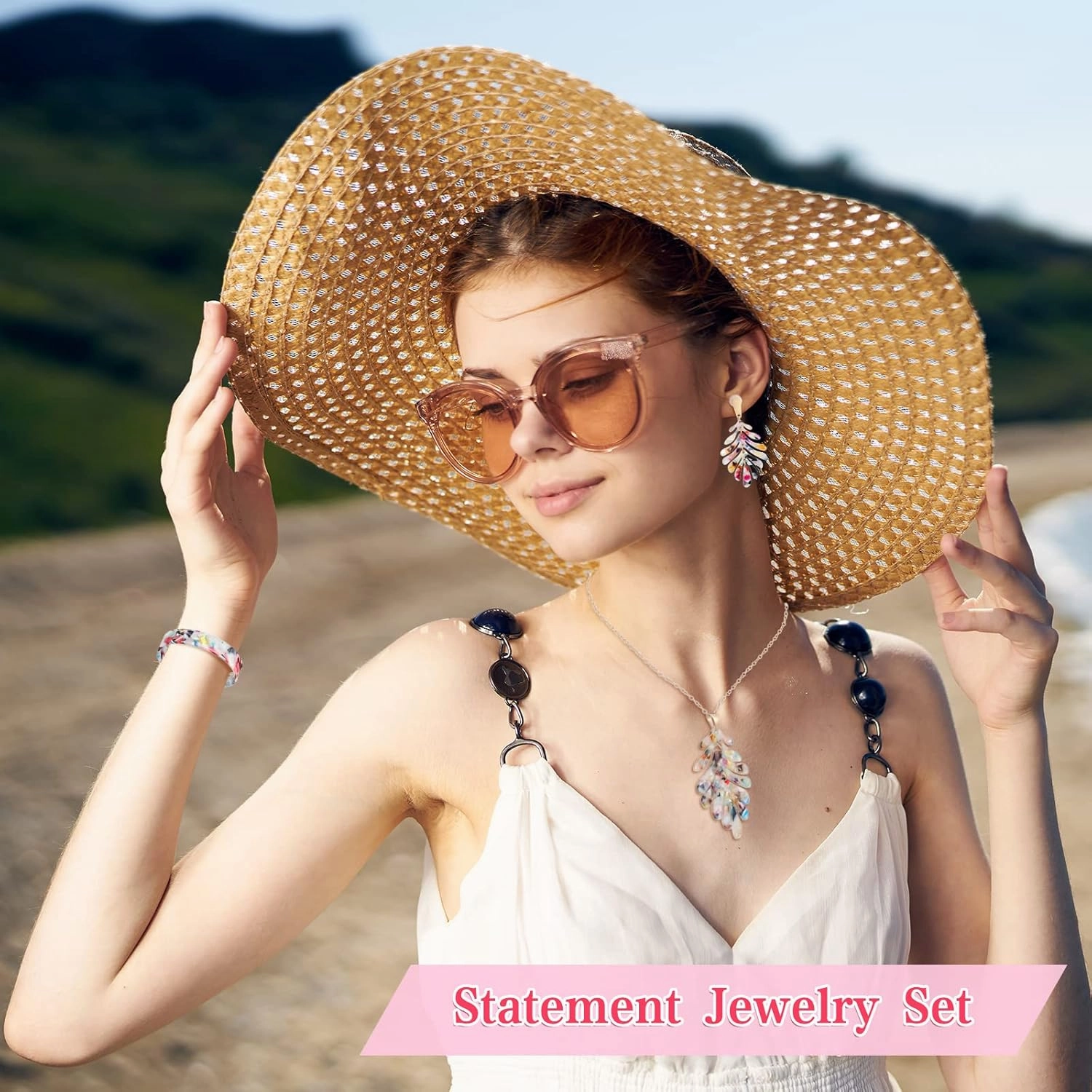 Highergo 8 Pcs Acrylic Jewelry Set Women Statement Earrings Necklace Bracelet Marble Texture Floral Necklace Set for Women