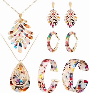 Highergo 8 Pcs Acrylic Jewelry Set Women Statement Earrings Necklace Bracelet Marble Texture Floral Necklace Set for Women