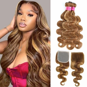 Highlight Body Wave 3 Bundles With Closure Human Hair 14 16 18 12 Honey Blonde 12A 100% Virgin Brazilian Wavy Bundles With 4x4 Closure Thick Track Ombre Brown Colored Human Hair Bundles With Closure