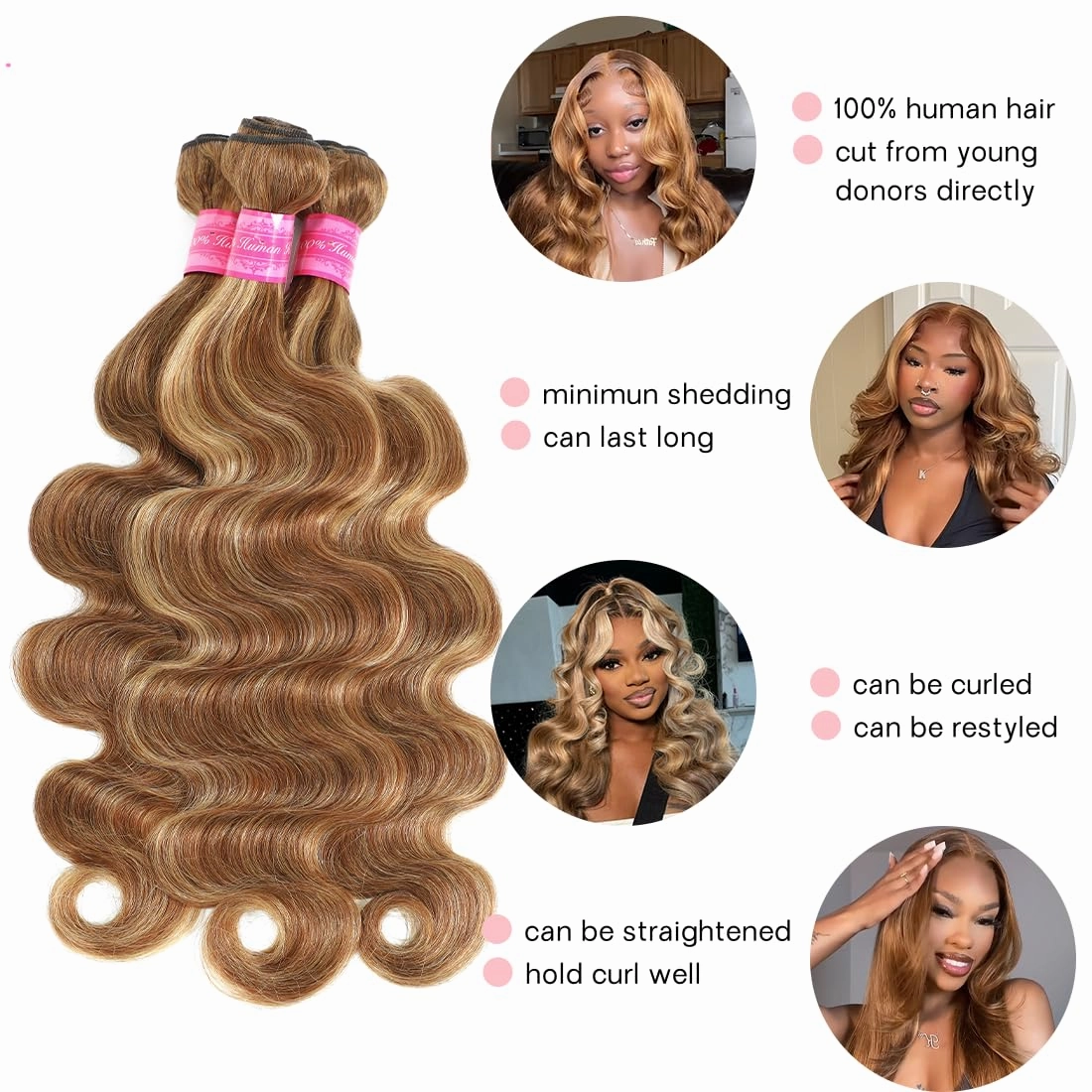 Highlight Body Wave 3 Bundles With Closure Human Hair 14 16 18 12 Honey Blonde 12A 100% Virgin Brazilian Wavy Bundles With 4x4 Closure Thick Track Ombre Brown Colored Human Hair Bundles With Closure