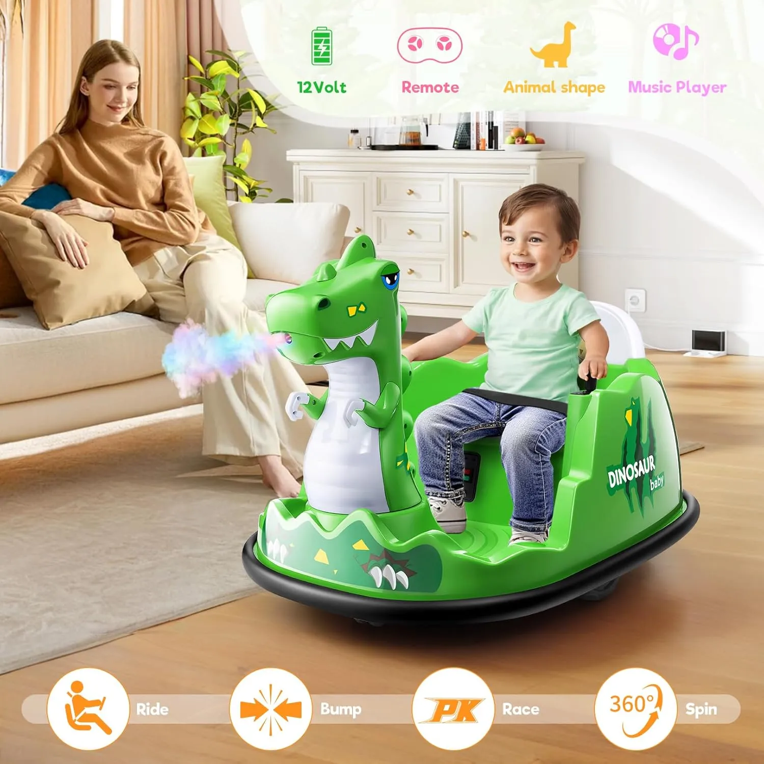 Hikole Toddler Bumper Car with Remote Control - 12V Electric Ride on Bumper Car for Baby with Spray, Music, 3 Speeds, Seat Belt, Indoor & Outdoor Use, Dinosaur Gift for Kids Ages 2-5, Green