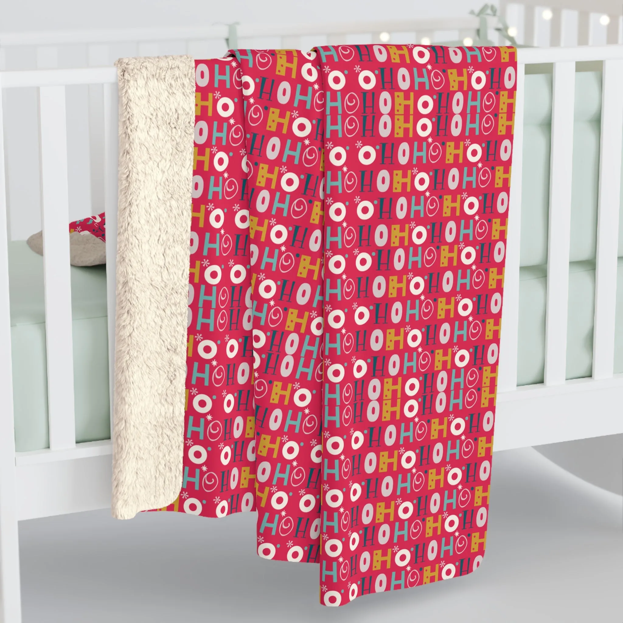Ho Ho Holiday Patterned Red Sherpa Fleece Blanket, Cozy Throw Blanket, Holiday Gift