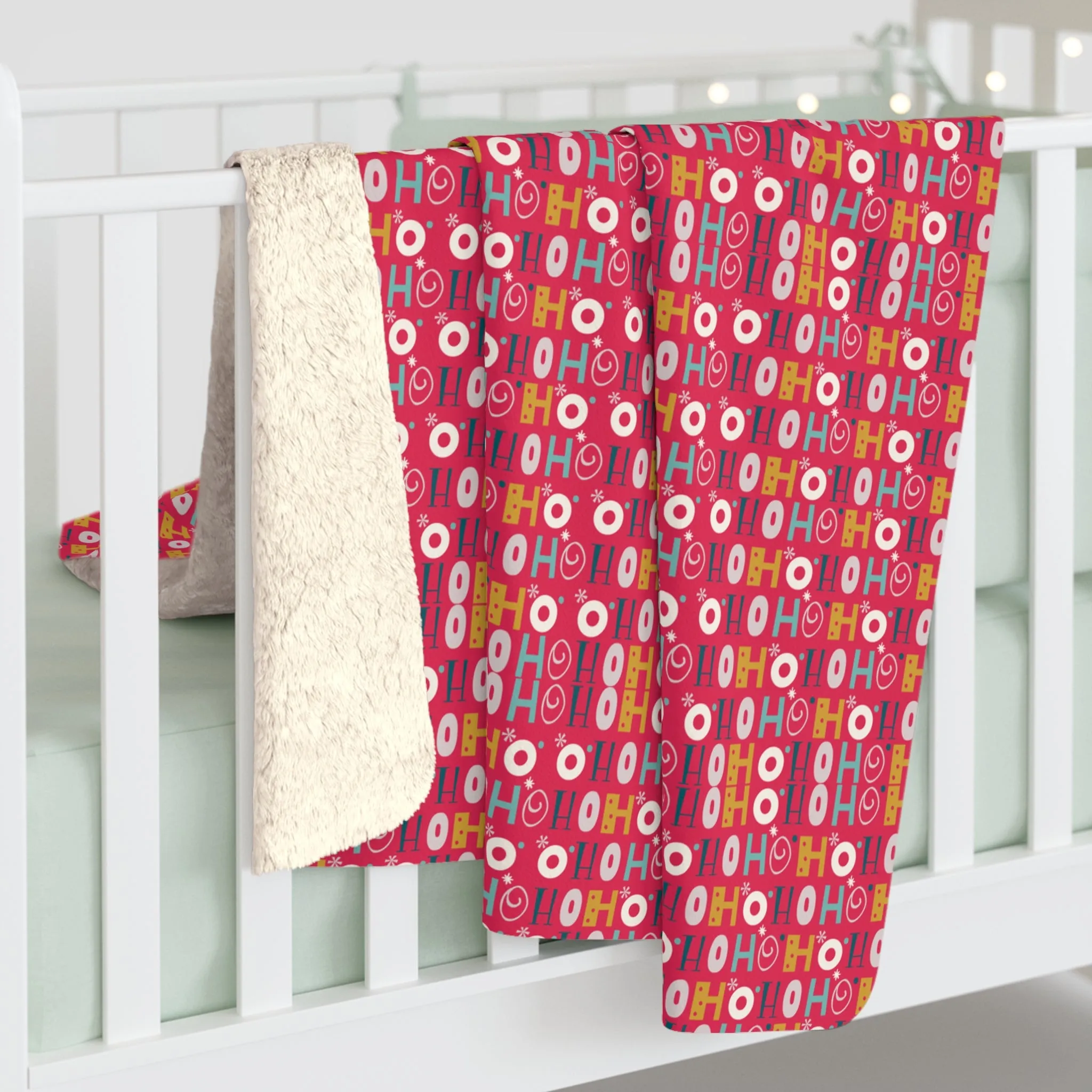 Ho Ho Holiday Patterned Red Sherpa Fleece Blanket, Cozy Throw Blanket, Holiday Gift