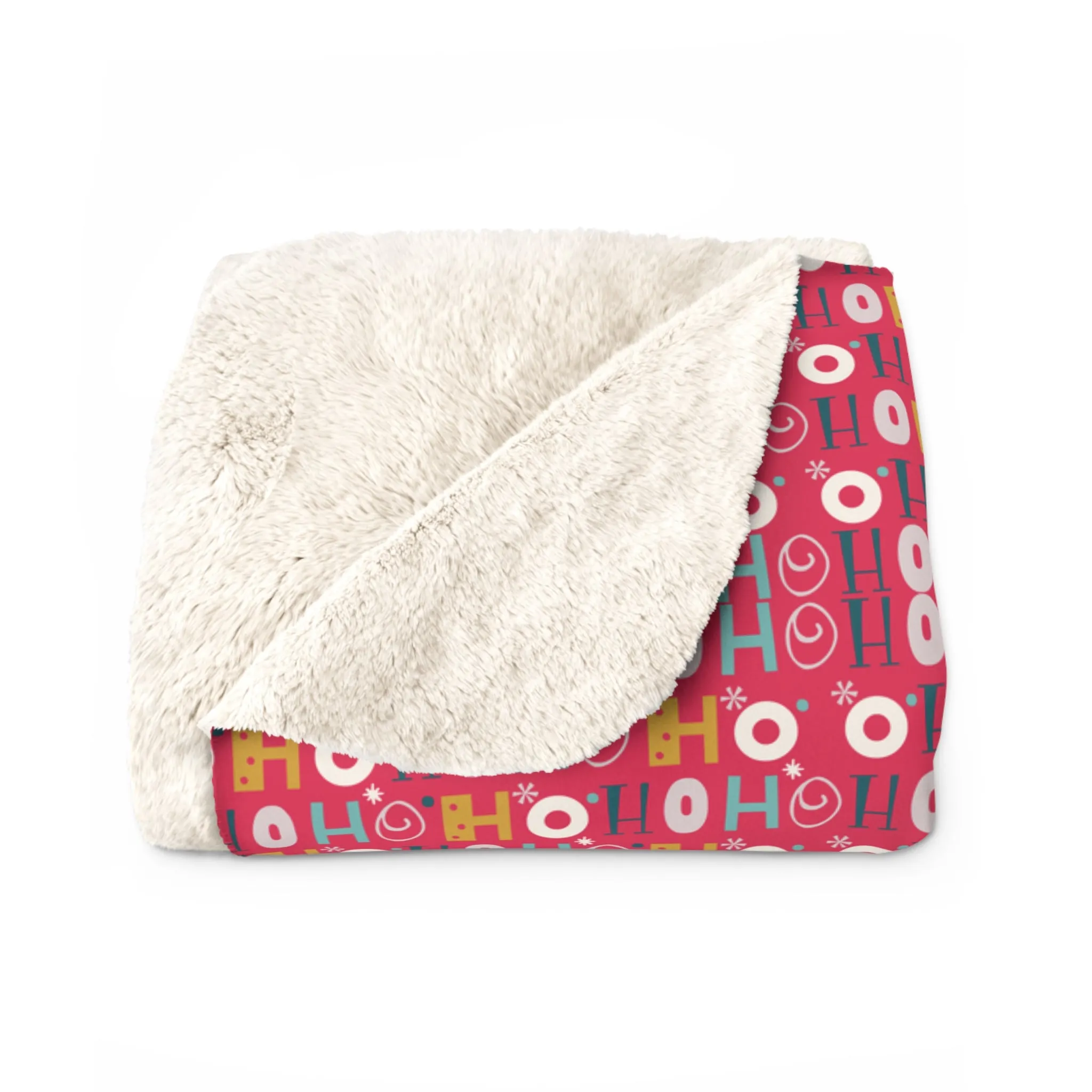 Ho Ho Holiday Patterned Red Sherpa Fleece Blanket, Cozy Throw Blanket, Holiday Gift