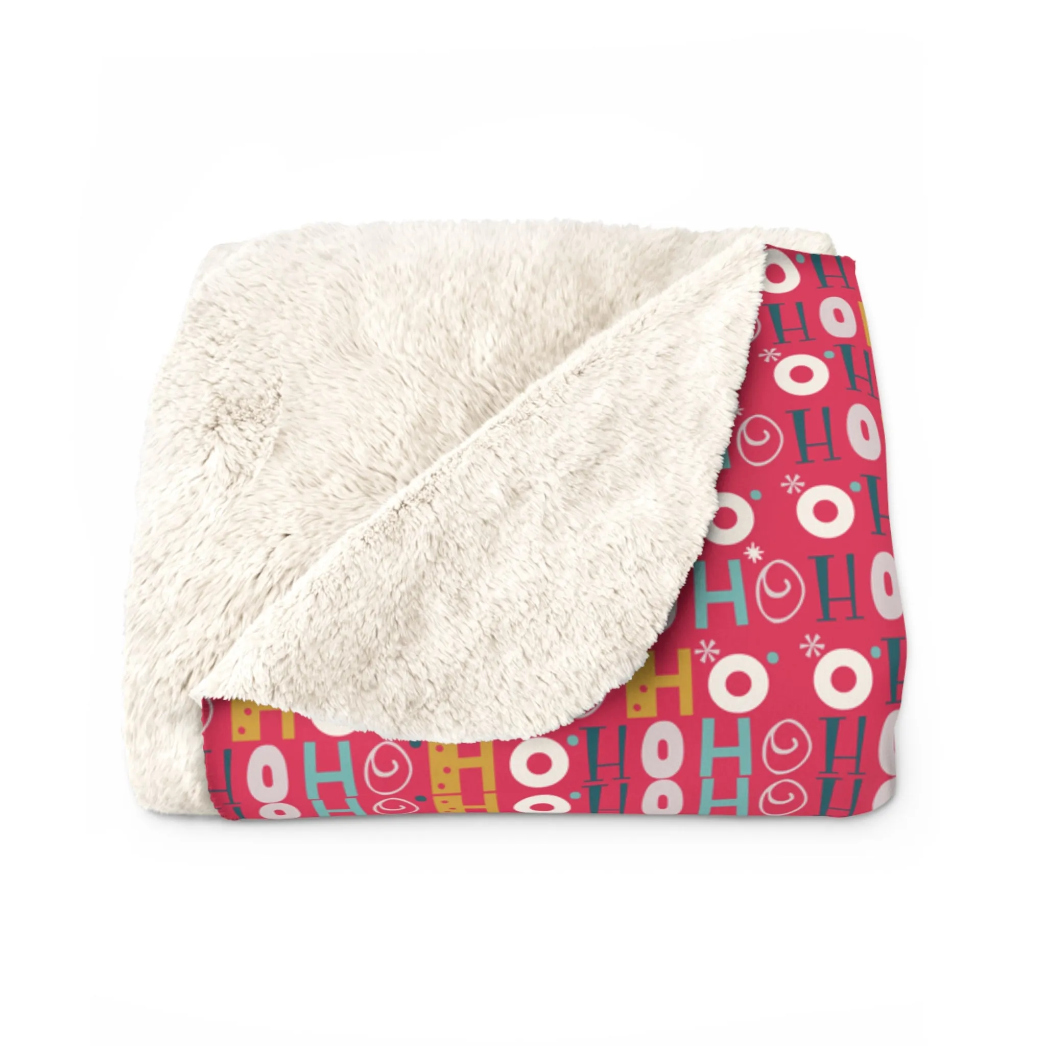 Ho Ho Holiday Patterned Red Sherpa Fleece Blanket, Cozy Throw Blanket, Holiday Gift