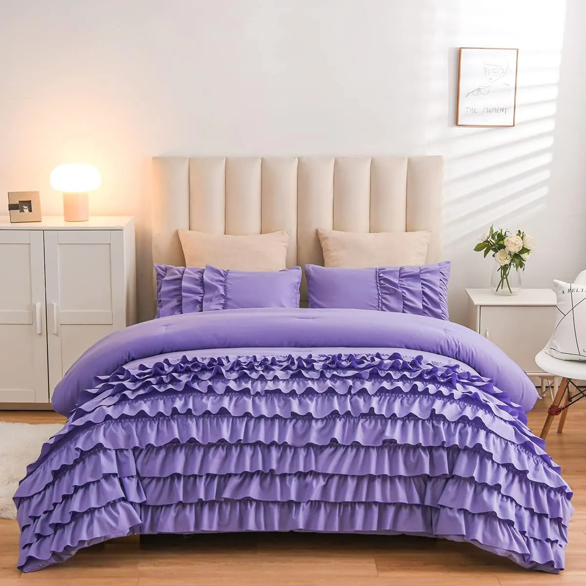 Holawakaka Lavender Waterfall Ruffle Comforter Set Twin Size Multi-Layers Ruffled Shabby Chic 3PCS Bedding Set for Girls Women