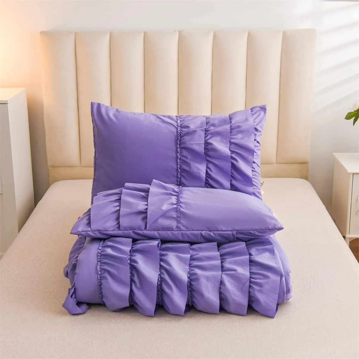 Holawakaka Lavender Waterfall Ruffle Comforter Set Twin Size Multi-Layers Ruffled Shabby Chic 3PCS Bedding Set for Girls Women