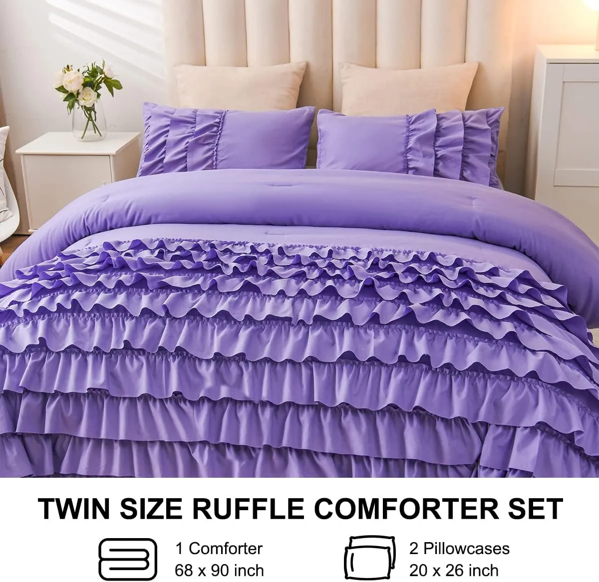 Holawakaka Lavender Waterfall Ruffle Comforter Set Twin Size Multi-Layers Ruffled Shabby Chic 3PCS Bedding Set for Girls Women