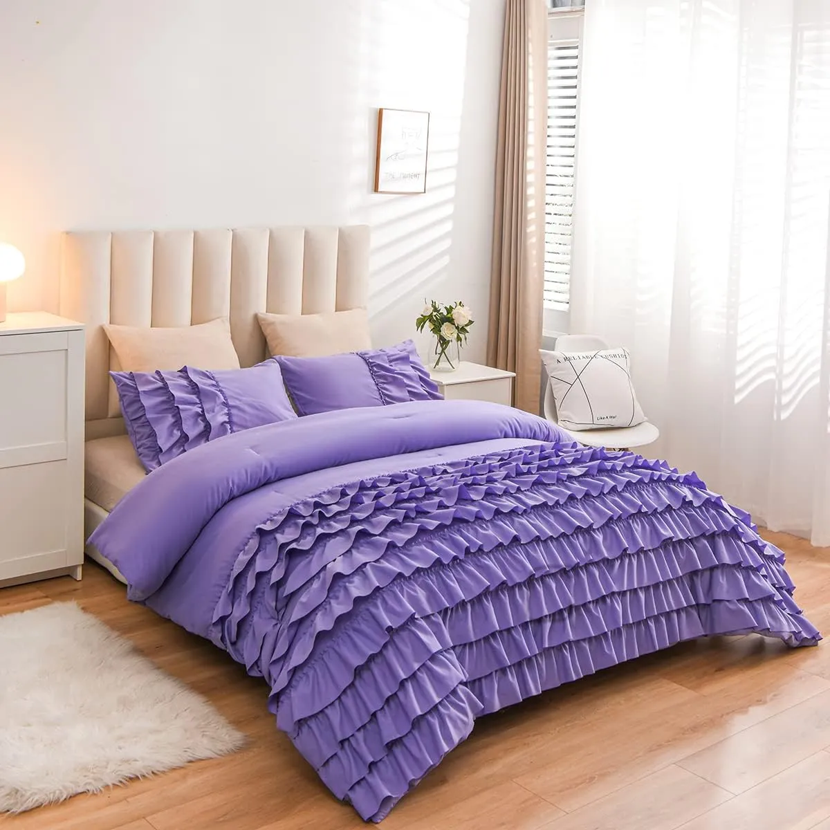 Holawakaka Lavender Waterfall Ruffle Comforter Set Twin Size Multi-Layers Ruffled Shabby Chic 3PCS Bedding Set for Girls Women