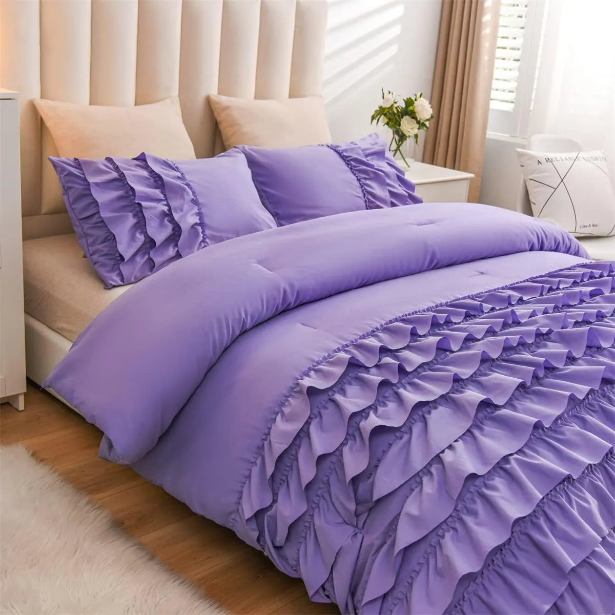 Holawakaka Lavender Waterfall Ruffle Comforter Set Twin Size Multi-Layers Ruffled Shabby Chic 3PCS Bedding Set for Girls Women