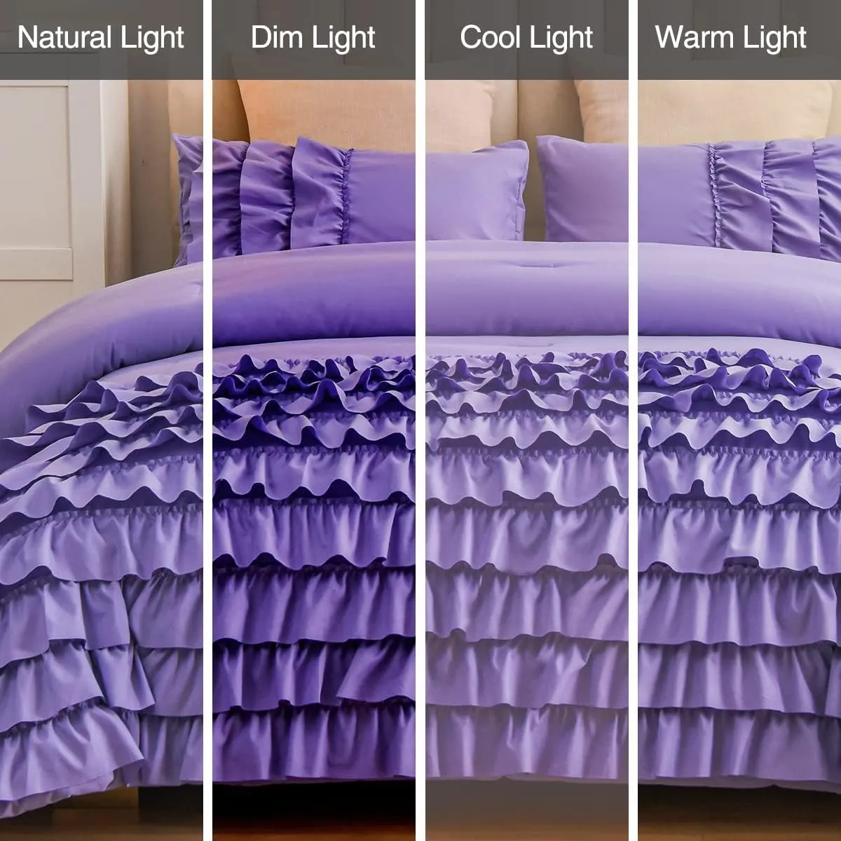 Holawakaka Lavender Waterfall Ruffle Comforter Set Twin Size Multi-Layers Ruffled Shabby Chic 3PCS Bedding Set for Girls Women