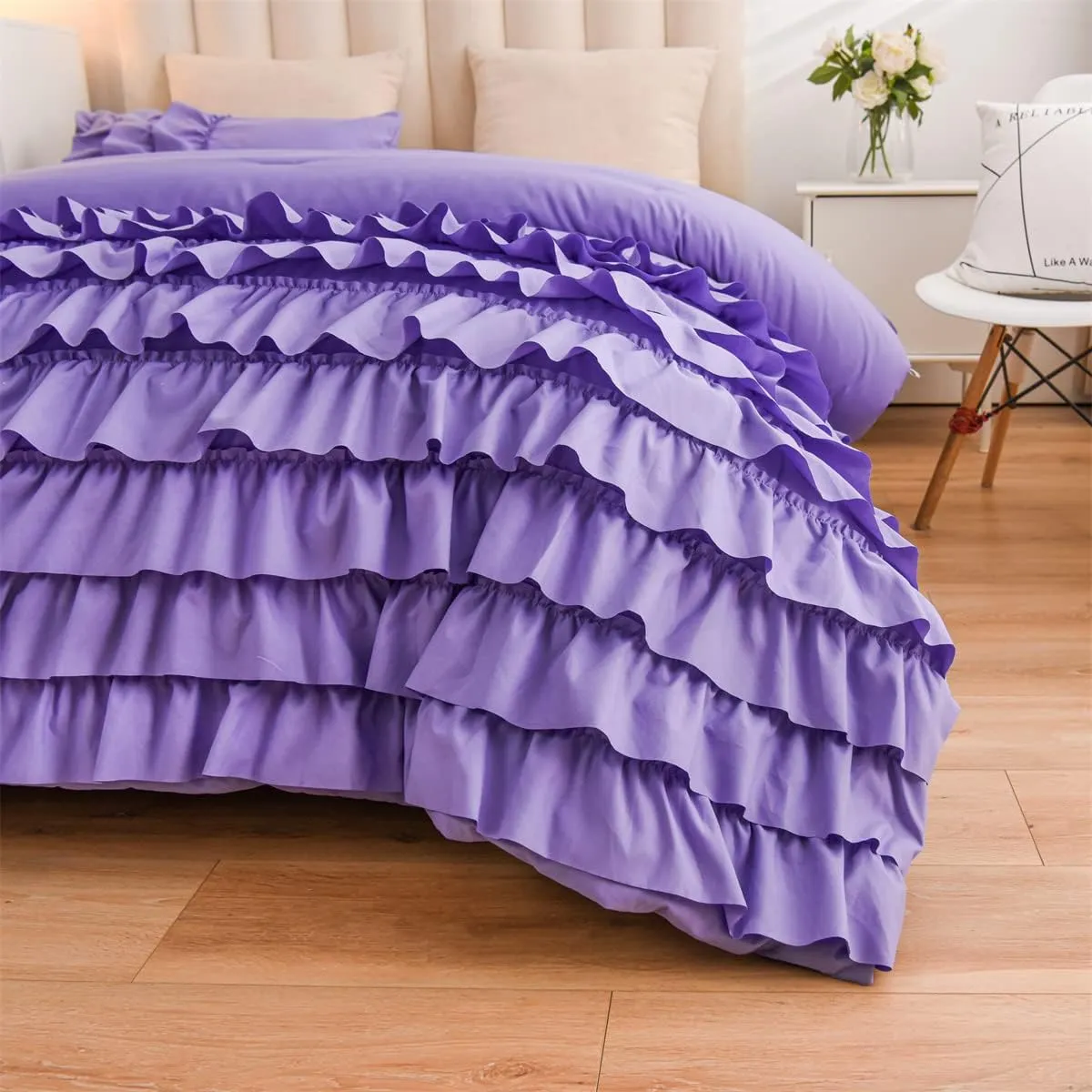 Holawakaka Lavender Waterfall Ruffle Comforter Set Twin Size Multi-Layers Ruffled Shabby Chic 3PCS Bedding Set for Girls Women
