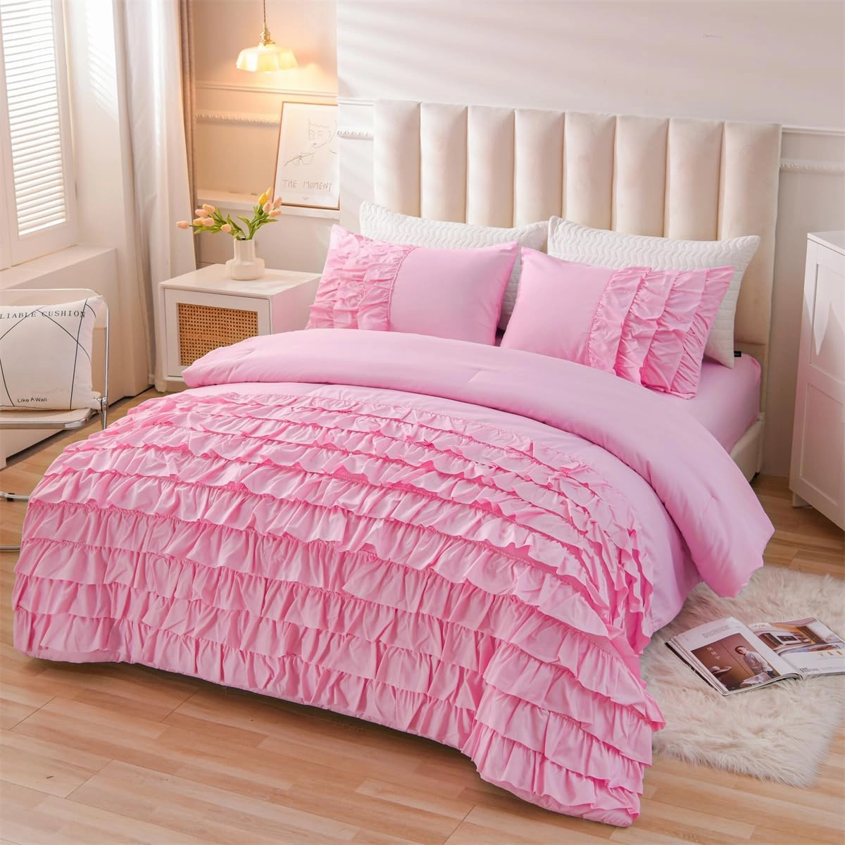 Holawakaka Pink Waterfall Ruffle Comforter Set Twin Size Multi-Layers Ruffled Shabby Chic 3PCS Bedding Set for Girls Women, Pink Twin