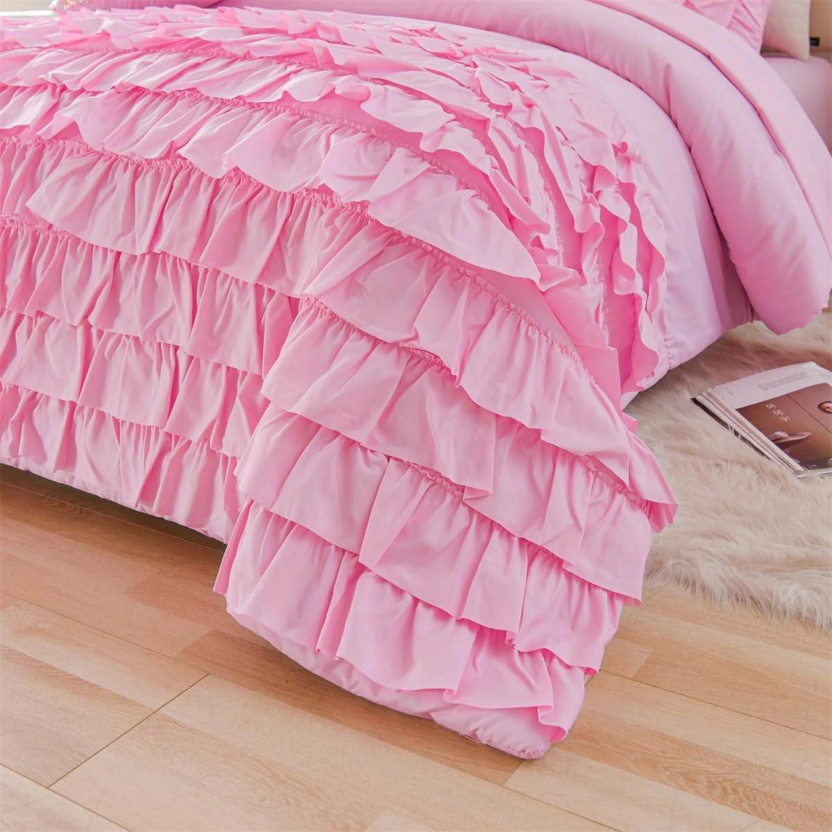 Holawakaka Pink Waterfall Ruffle Comforter Set Twin Size Multi-Layers Ruffled Shabby Chic 3PCS Bedding Set for Girls Women, Pink Twin