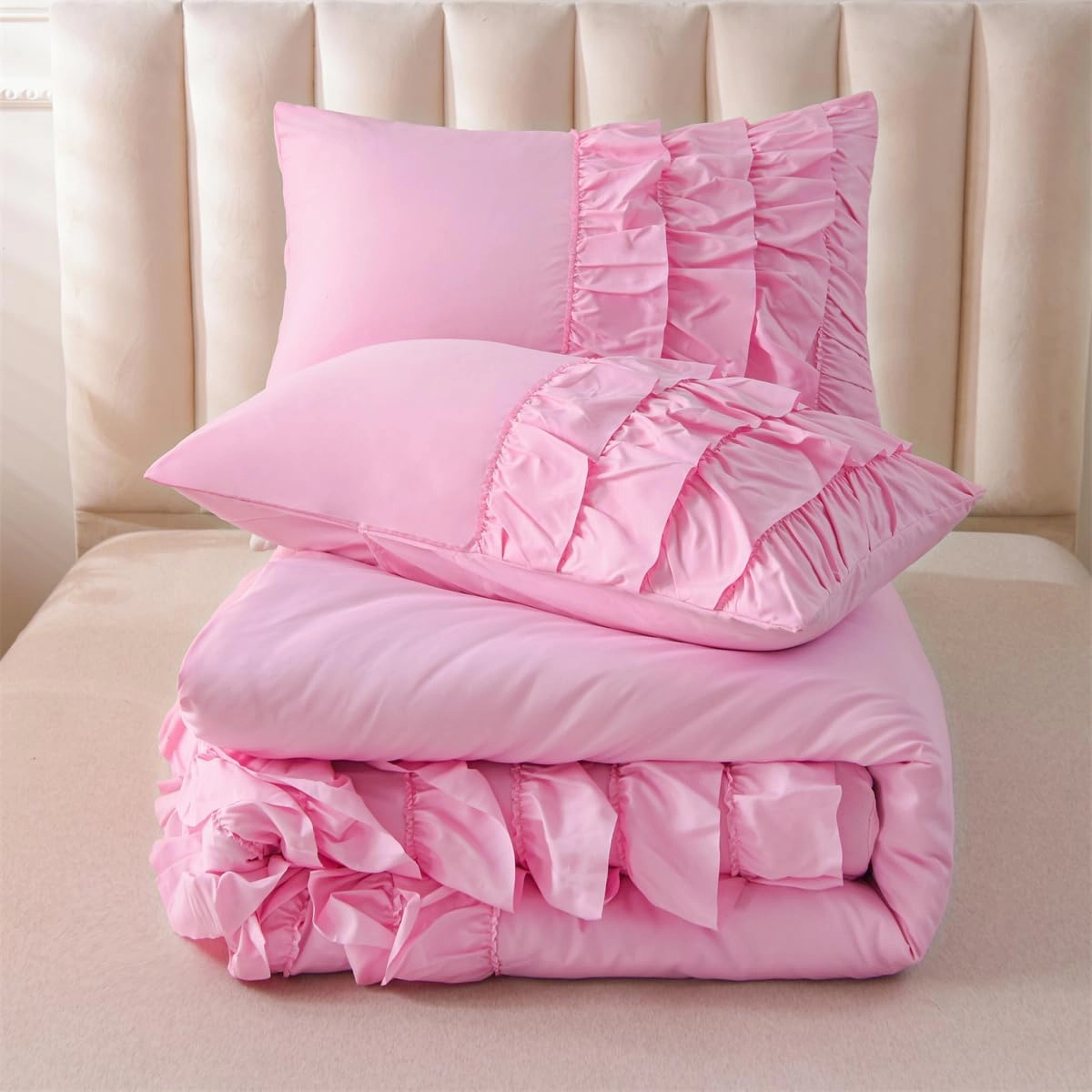 Holawakaka Pink Waterfall Ruffle Comforter Set Twin Size Multi-Layers Ruffled Shabby Chic 3PCS Bedding Set for Girls Women, Pink Twin