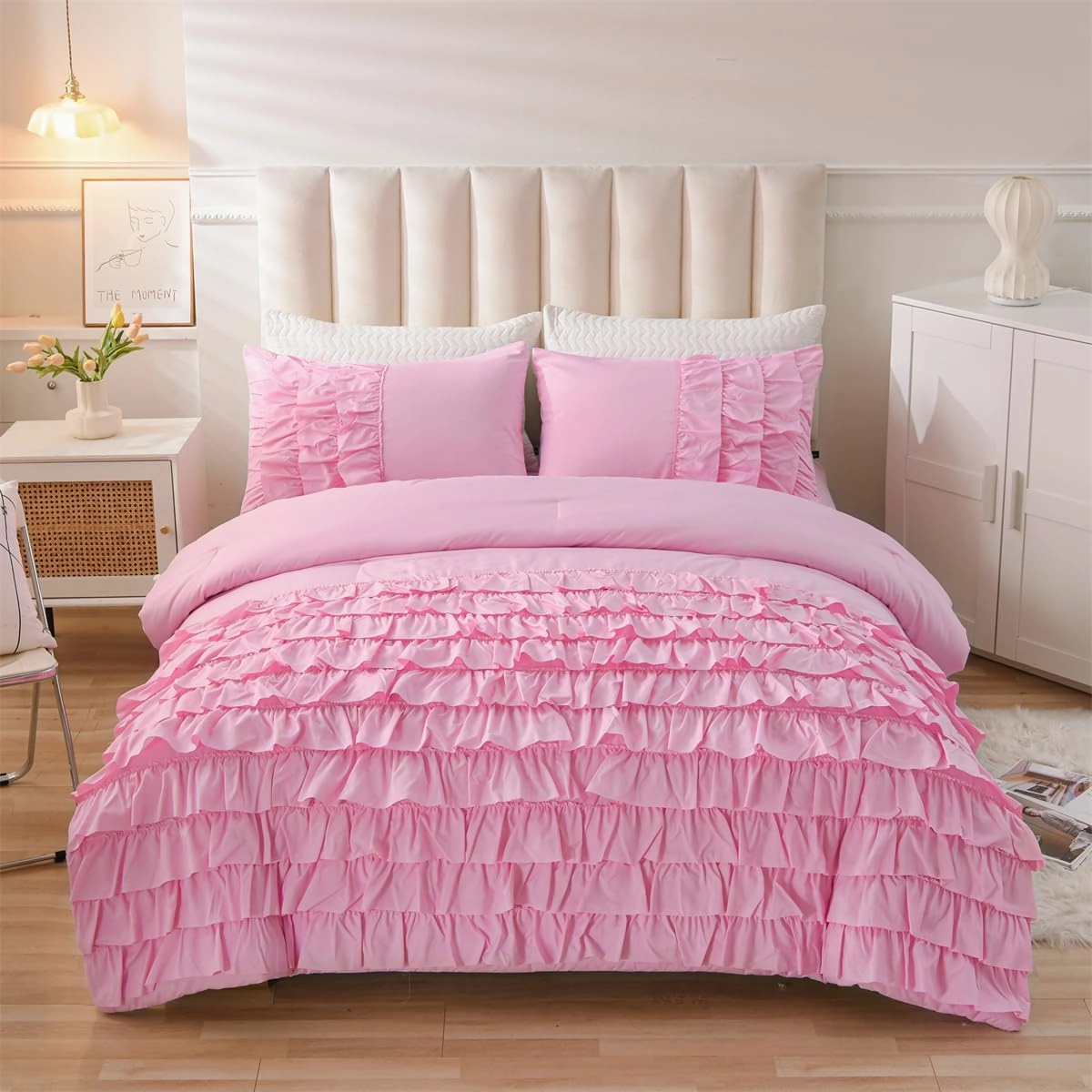Holawakaka Pink Waterfall Ruffle Comforter Set Twin Size Multi-Layers Ruffled Shabby Chic 3PCS Bedding Set for Girls Women, Pink Twin