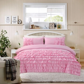 Holawakaka Pink Waterfall Ruffle Comforter Set Twin Size Multi-Layers Ruffled Shabby Chic 3PCS Bedding Set for Girls Women, Pink Twin