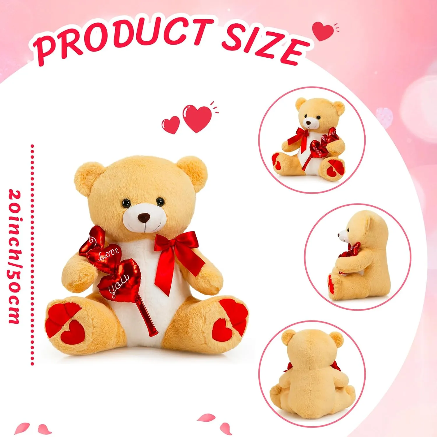 HollyHOME I Love You Teddy Bear Stuffed Animal Plush Teddy Bear with Red Hearts and Bow Sweet Plush Toy Gift 20 inches