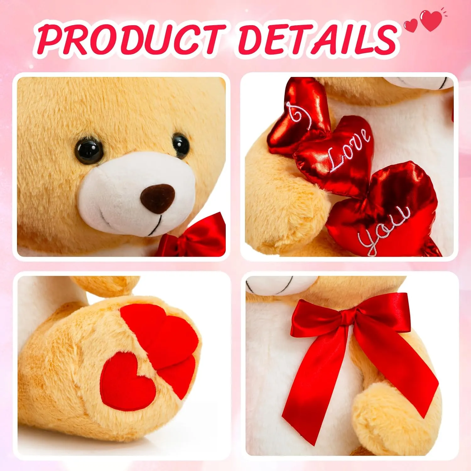 HollyHOME I Love You Teddy Bear Stuffed Animal Plush Teddy Bear with Red Hearts and Bow Sweet Plush Toy Gift 20 inches