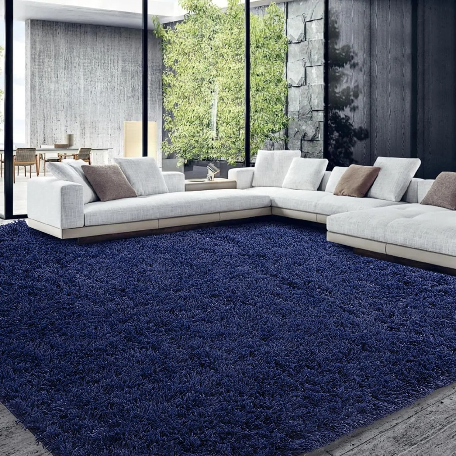 HOMBYS Shaggy Area Rug 9x12 Feet, Ultra Fuzzy Large Plush Faux Fur Carpet for Living Room Bedroom, Non-Skid Fuzzy Rug for Kids Playroom Home Decor, Navy Blue