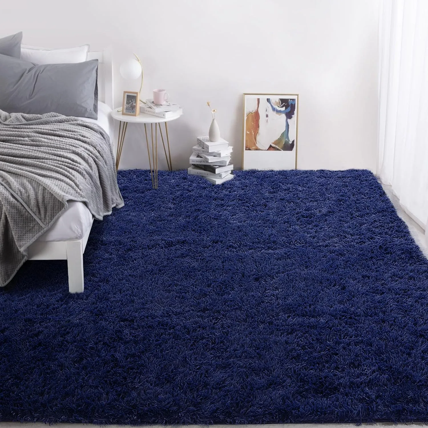 HOMBYS Shaggy Area Rug 9x12 Feet, Ultra Fuzzy Large Plush Faux Fur Carpet for Living Room Bedroom, Non-Skid Fuzzy Rug for Kids Playroom Home Decor, Navy Blue