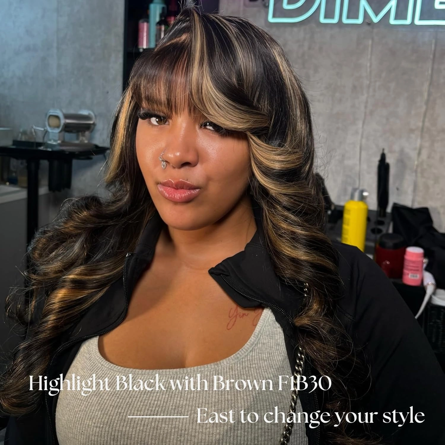Honey Blonde FB30 Highlight Bundles with 13x4 Lace Frontal Body Wave Human Hair, Ombre 3 Bundles with HD Transparent Lace Frontal Ear to Ear Soft Remy Hair Black and Brown Color 12 14 16  12In