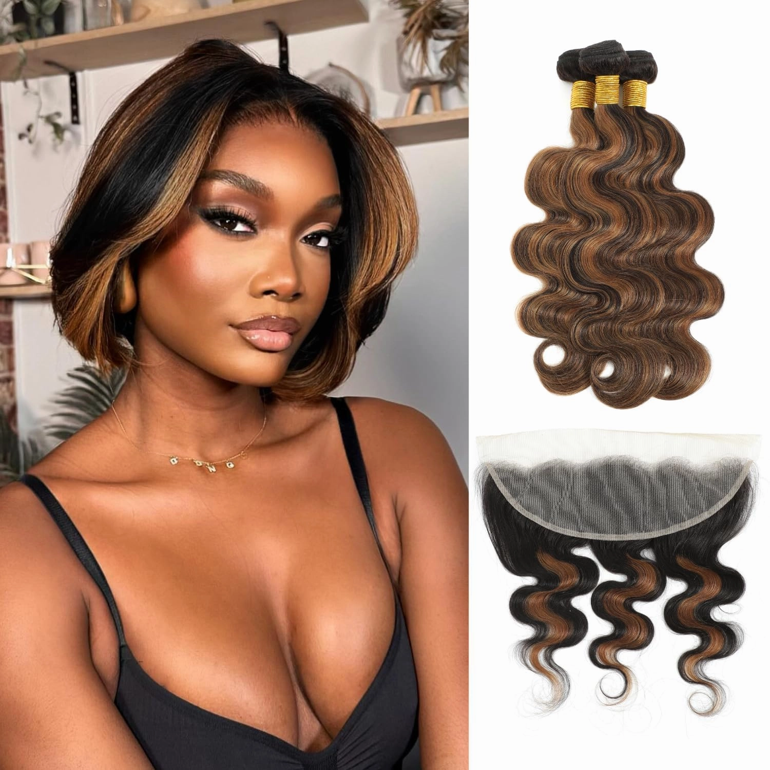 Honey Blonde FB30 Highlight Bundles with 13x4 Lace Frontal Body Wave Human Hair, Ombre 3 Bundles with HD Transparent Lace Frontal Ear to Ear Soft Remy Hair Black and Brown Color 12 14 16  12In
