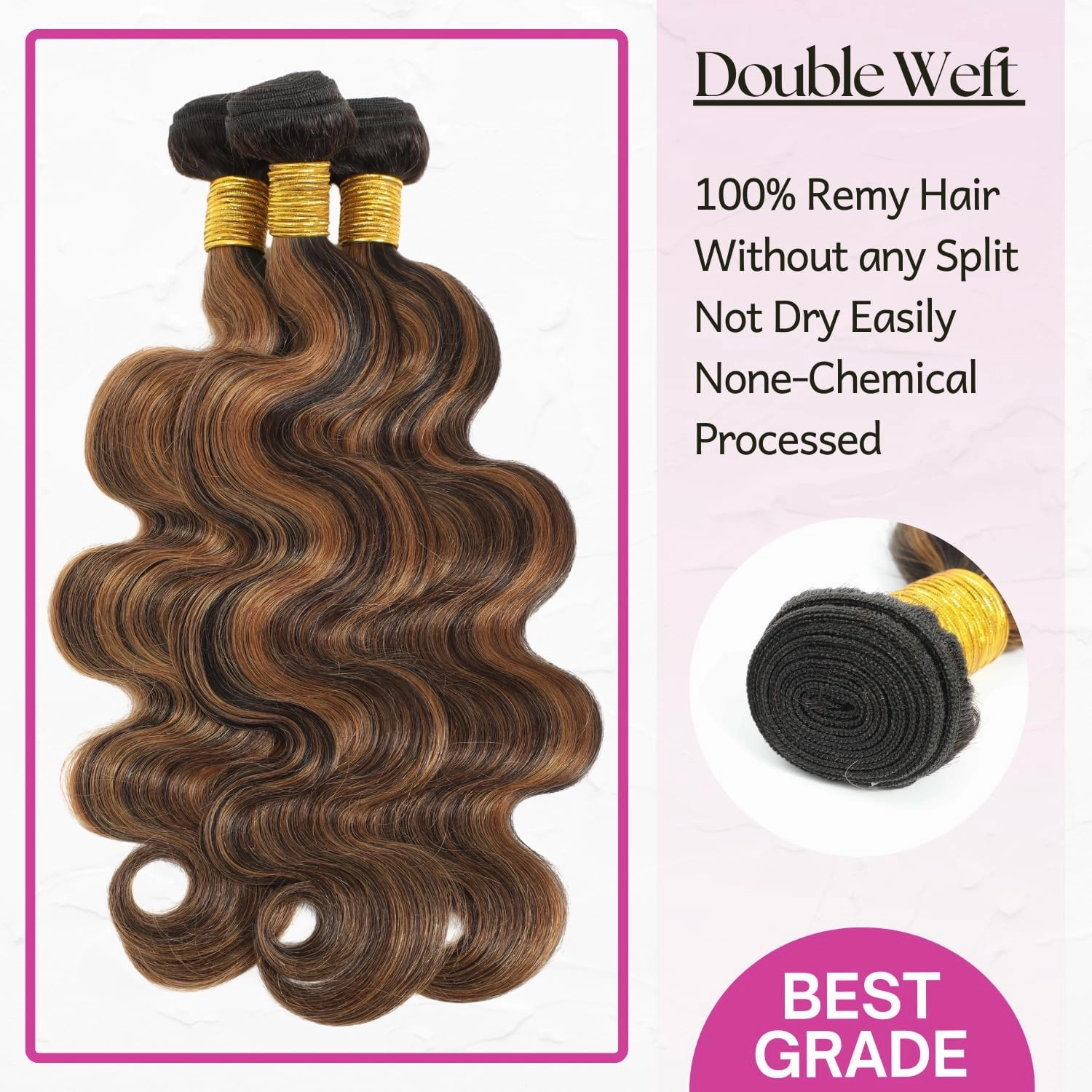 Honey Blonde FB30 Highlight Bundles with 13x4 Lace Frontal Body Wave Human Hair, Ombre 3 Bundles with HD Transparent Lace Frontal Ear to Ear Soft Remy Hair Black and Brown Color 12 14 16  12In