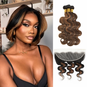 Honey Blonde FB30 Highlight Bundles with 13x4 Lace Frontal Body Wave Human Hair, Ombre 3 Bundles with HD Transparent Lace Frontal Ear to Ear Soft Remy Hair Black and Brown Color 12 14 16  12In