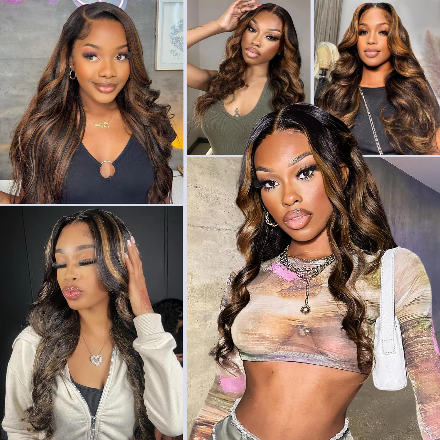 Honey Blonde FB30 Highlight Bundles with 13x4 Lace Frontal Body Wave Human Hair, Ombre 3 Bundles with HD Transparent Lace Frontal Ear to Ear Soft Remy Hair Black and Brown Color 12 14 16  12In