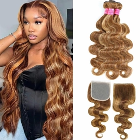 Honey Blonde Highlight Human Hair Body Wave Bundles with 5x5 Closure 100% Unprocessed Brazilian Highlight Body Wave 3 Bundles with 5x5 Transparent Swiss Lace Closure Piano Color