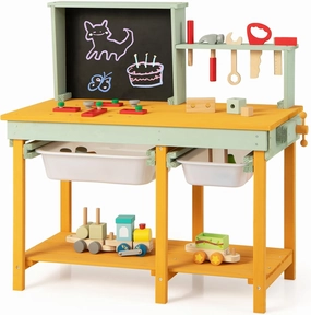 HONEY JOY Kids Tool Bench, Fir Wood Wooden Construction Power Tools Workshop, Realistic Tools and Accessories, Blackboard, Storage Shelf & Box, Work Bench Construction Toys for Toddlers Ages 3  