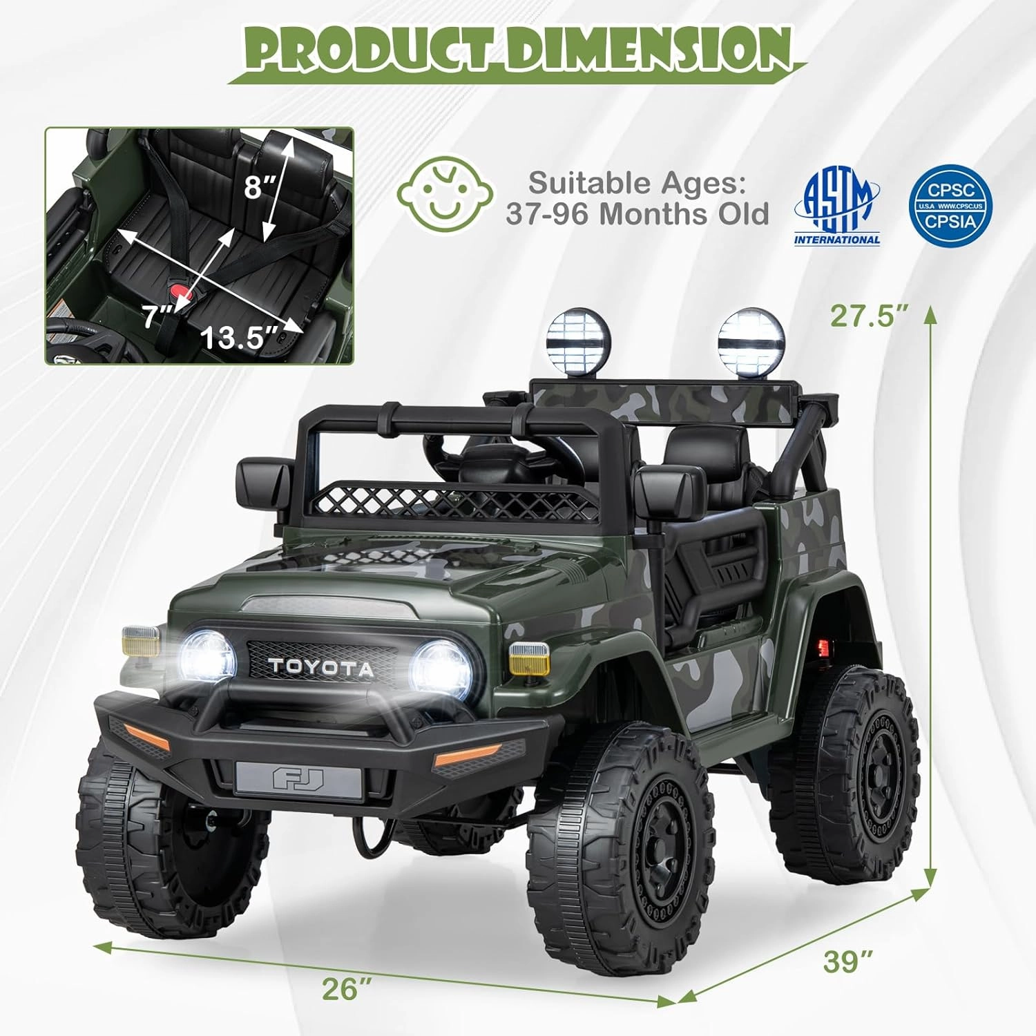 HONEY JOY Ride on Truck, 12V Licensed Toyota FJ Electric Car for Kids, Shock Suspension, LED Lights & Music, Battery Powered Kids Car to Drive, Ride On Car with Remote Control, Camouflage
