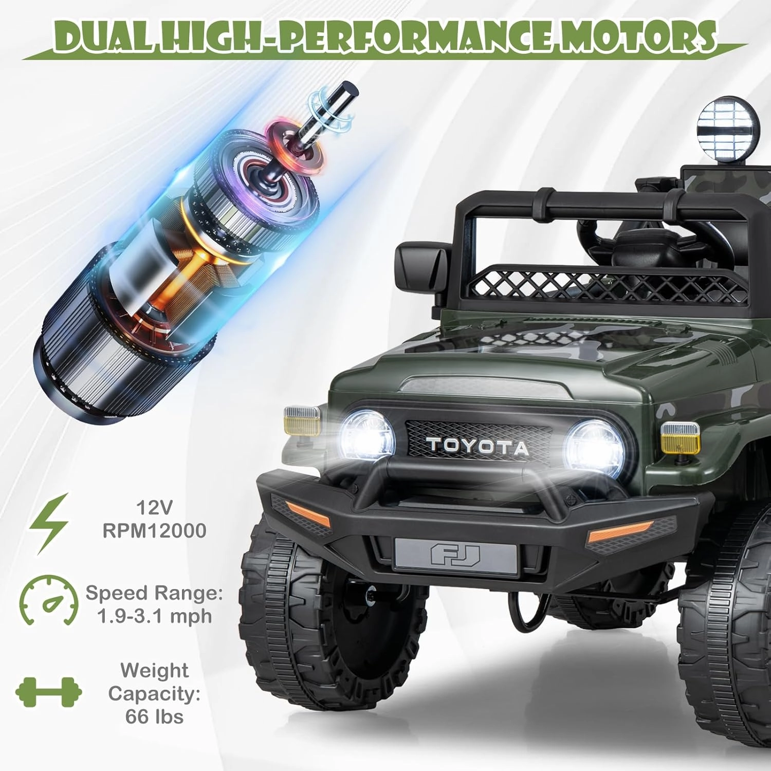 HONEY JOY Ride on Truck, 12V Licensed Toyota FJ Electric Car for Kids, Shock Suspension, LED Lights & Music, Battery Powered Kids Car to Drive, Ride On Car with Remote Control, Camouflage