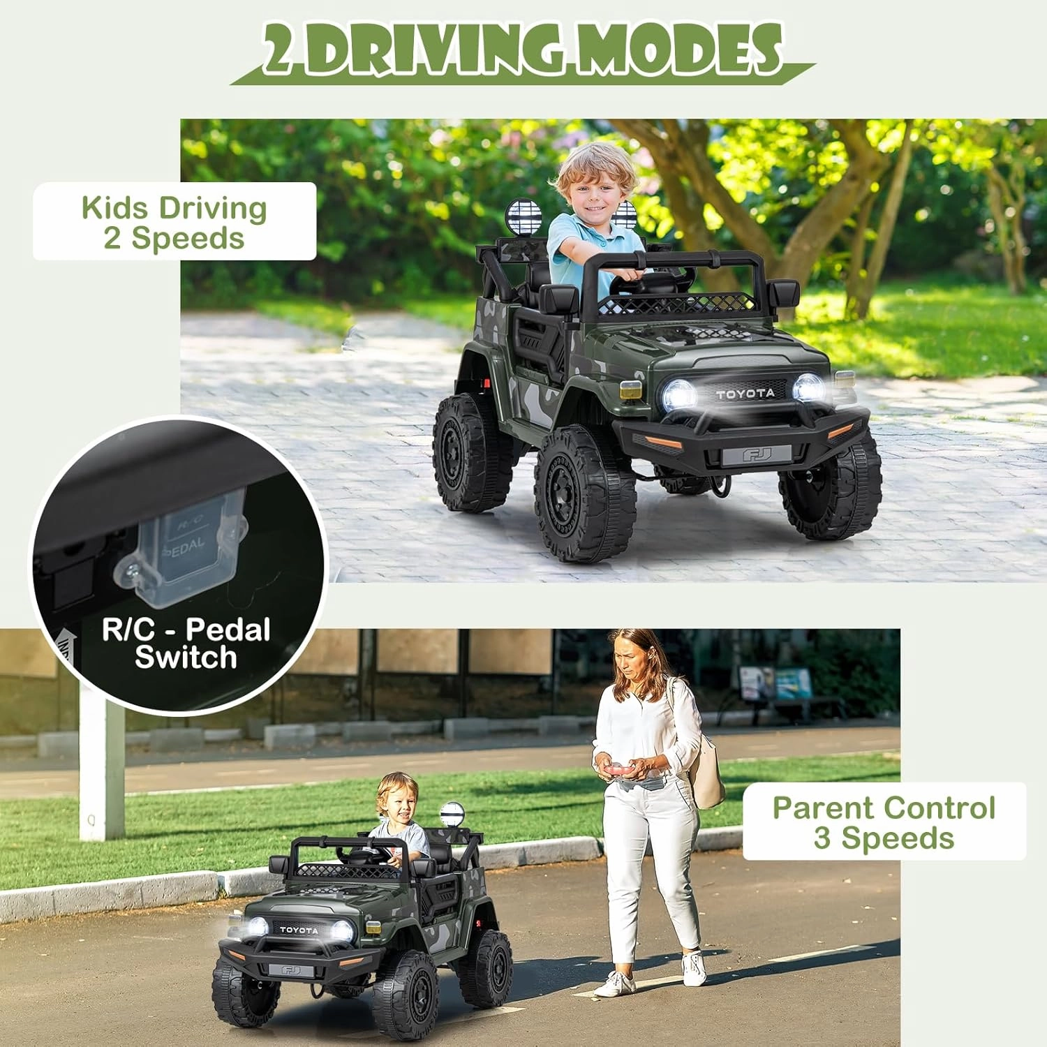 HONEY JOY Ride on Truck, 12V Licensed Toyota FJ Electric Car for Kids, Shock Suspension, LED Lights & Music, Battery Powered Kids Car to Drive, Ride On Car with Remote Control, Camouflage