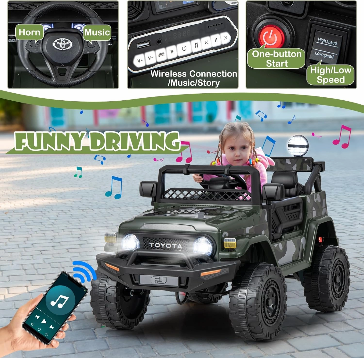 HONEY JOY Ride on Truck, 12V Licensed Toyota FJ Electric Car for Kids, Shock Suspension, LED Lights & Music, Battery Powered Kids Car to Drive, Ride On Car with Remote Control, Camouflage