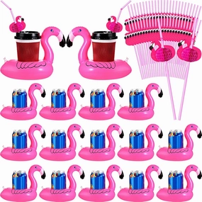 Honeydak 100 Pcs Flamingo Inflatable Drink Holder Bulk Flamingo Floats Coaster with Straws Swimming Pool Cup Holder Party Decorations for Summer Hawaii Birthday Wedding Bachelorette Tableware