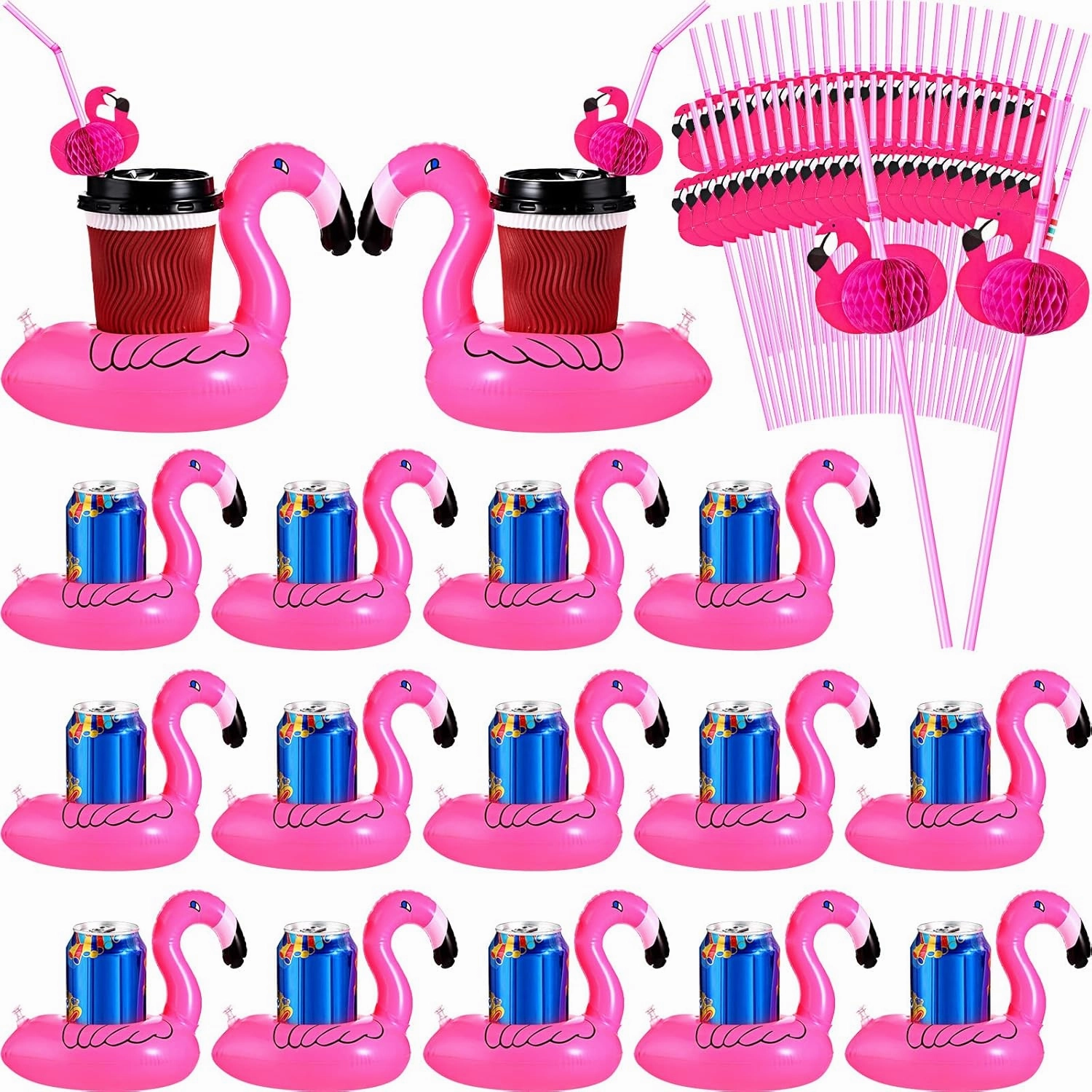 Honeydak 100 Pcs Flamingo Inflatable Drink Holder Bulk Flamingo Floats Coaster with Straws Swimming Pool Cup Holder Party Decorations for Summer Hawaii Birthday Wedding Bachelorette Tableware