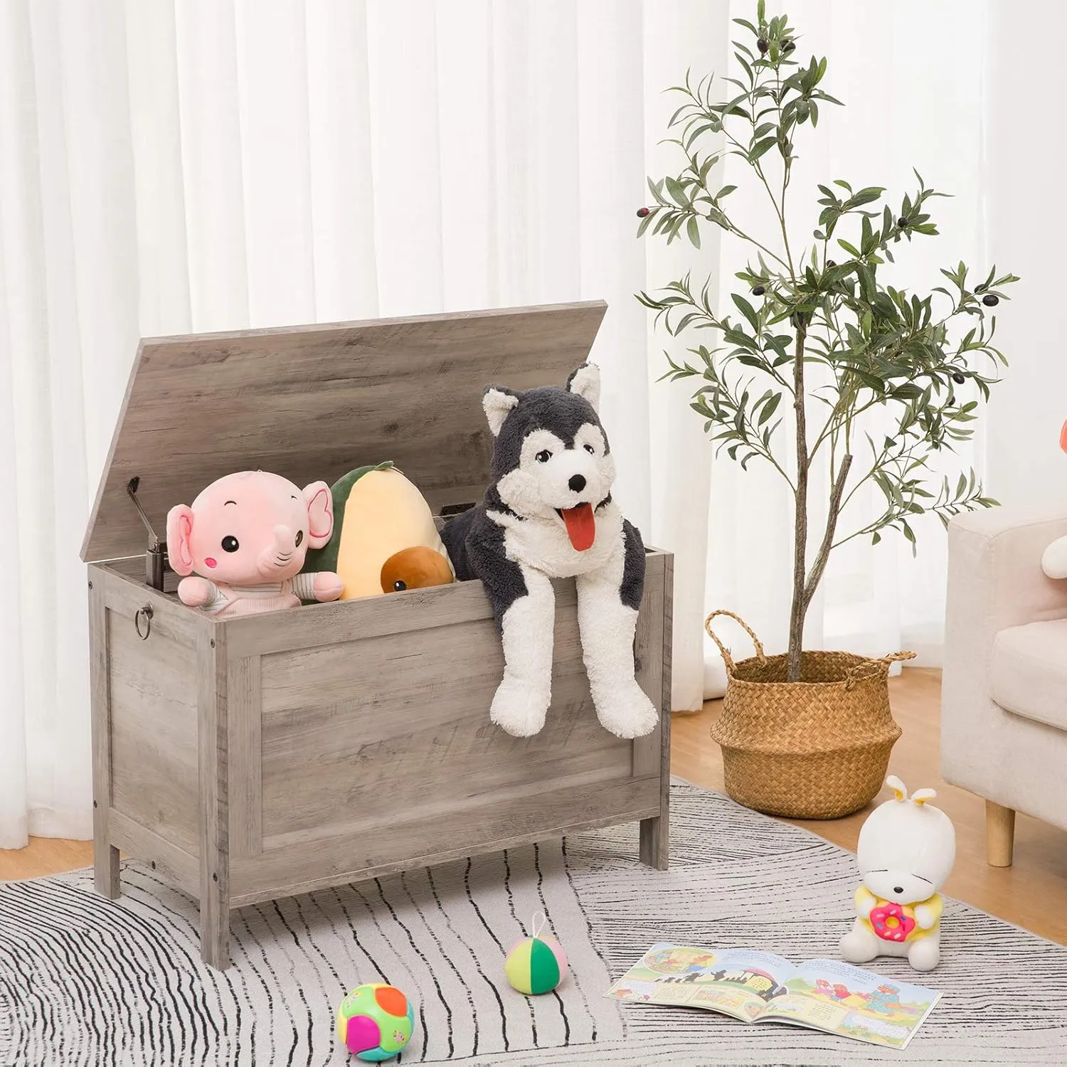 HOOBRO Toy Box, Retro Wooden Look Storage Chest with Safety Hinge, Entryway Storage Bench Supports 220 lb, 29.9 x 15.7 x 18.9 Inches Toy Chest Organizer, Easy Assembly (Greige) BG75CW01G1