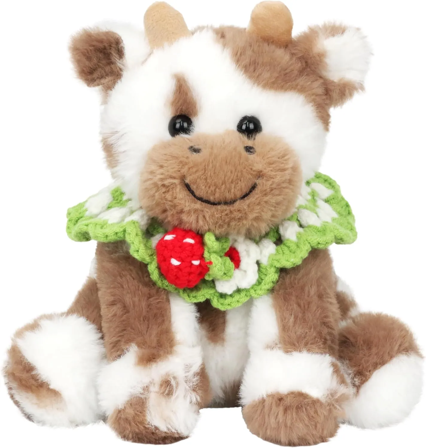 Hopearl Adorable Plush Cow Toy with Knitted Cute Strawberry Bib Floppy Dairy Cattle Soft Stuffed Animal Gifts for Boys Girls Kids Toddlers, Light Brown, 9''