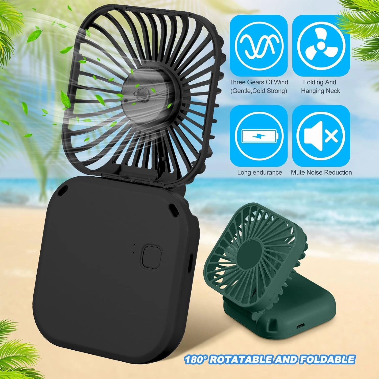 Hortsun 6 Pack personal Necklace Fans Portable Mini Neck Hanging Fan Hand-held for Cooling USB Rechargeable Battery 3 Speed Air Circulatory(Black, Dark Green, Navy Blue)