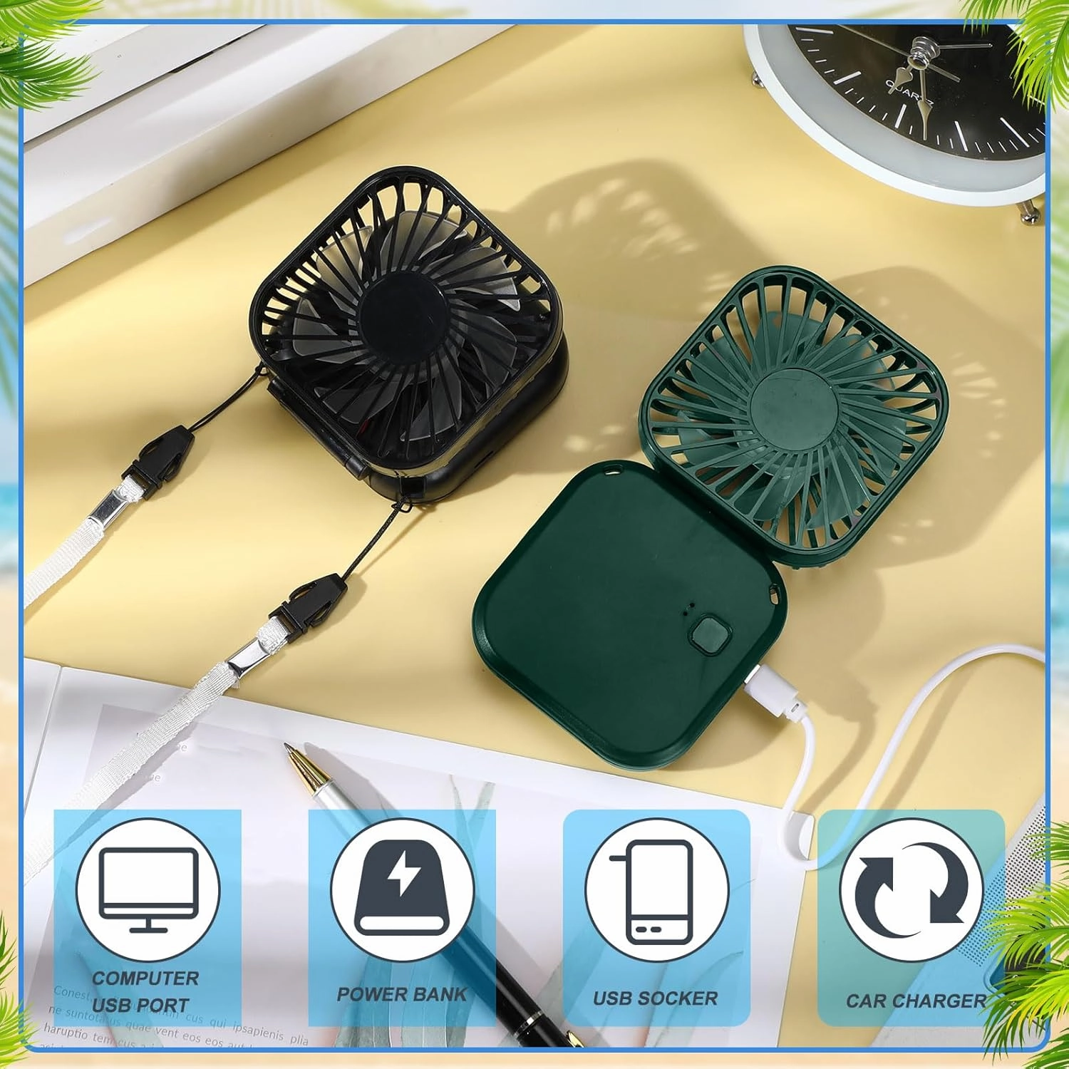 Hortsun 6 Pack personal Necklace Fans Portable Mini Neck Hanging Fan Hand-held for Cooling USB Rechargeable Battery 3 Speed Air Circulatory(Black, Dark Green, Navy Blue)