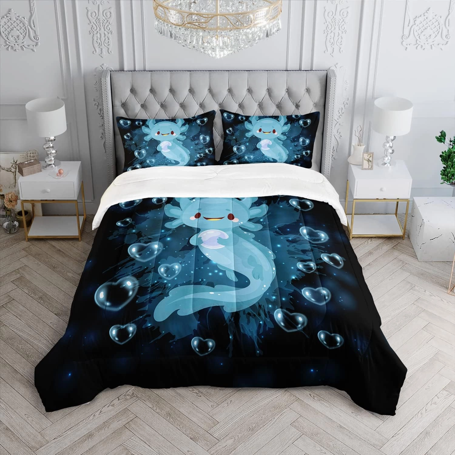HOSIMA Axolotl Comforter Set Blue Axolotl Pattern Kawaii Bed Set for Kids Bedroom Decor,Twin Bed Set for Girls with 2 Pillowcases.
