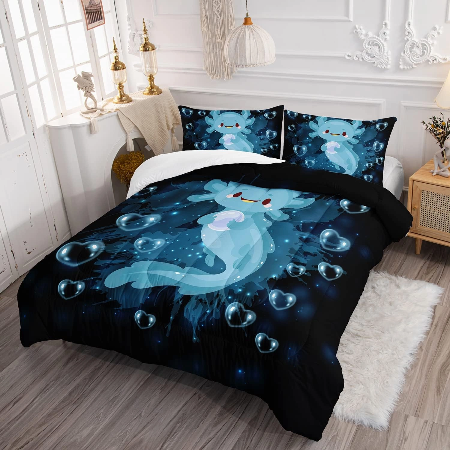 HOSIMA Axolotl Comforter Set Blue Axolotl Pattern Kawaii Bed Set for Kids Bedroom Decor,Twin Bed Set for Girls with 2 Pillowcases.
